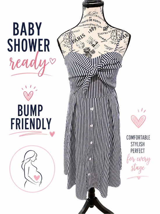 Maacie Dresses & Skirts - Maacie Maternity Dress-Medium Blue White Stripe Bow Front Midi